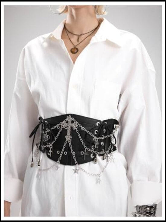 Faux Leather Corset Belt Chain Lace Up Side Elastic Waist Punk Goth Festival main image 6